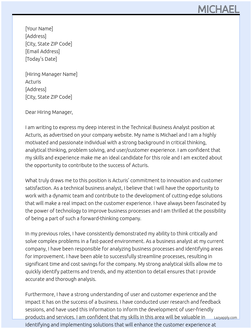 Technical Business Analyst At Acturis Cover Letter