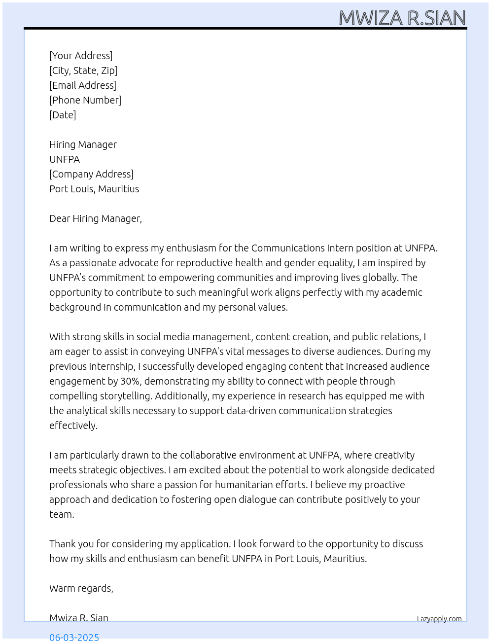 Cover letter for communications intern - LazyApply