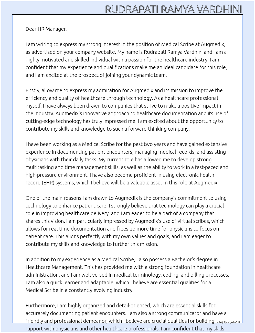 Medical Scribe At Augmedix Cover Letter