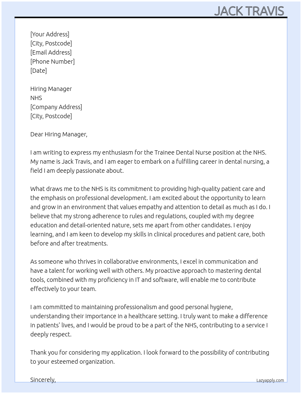 Trainee Dental Nurse At NHS Cover Letter