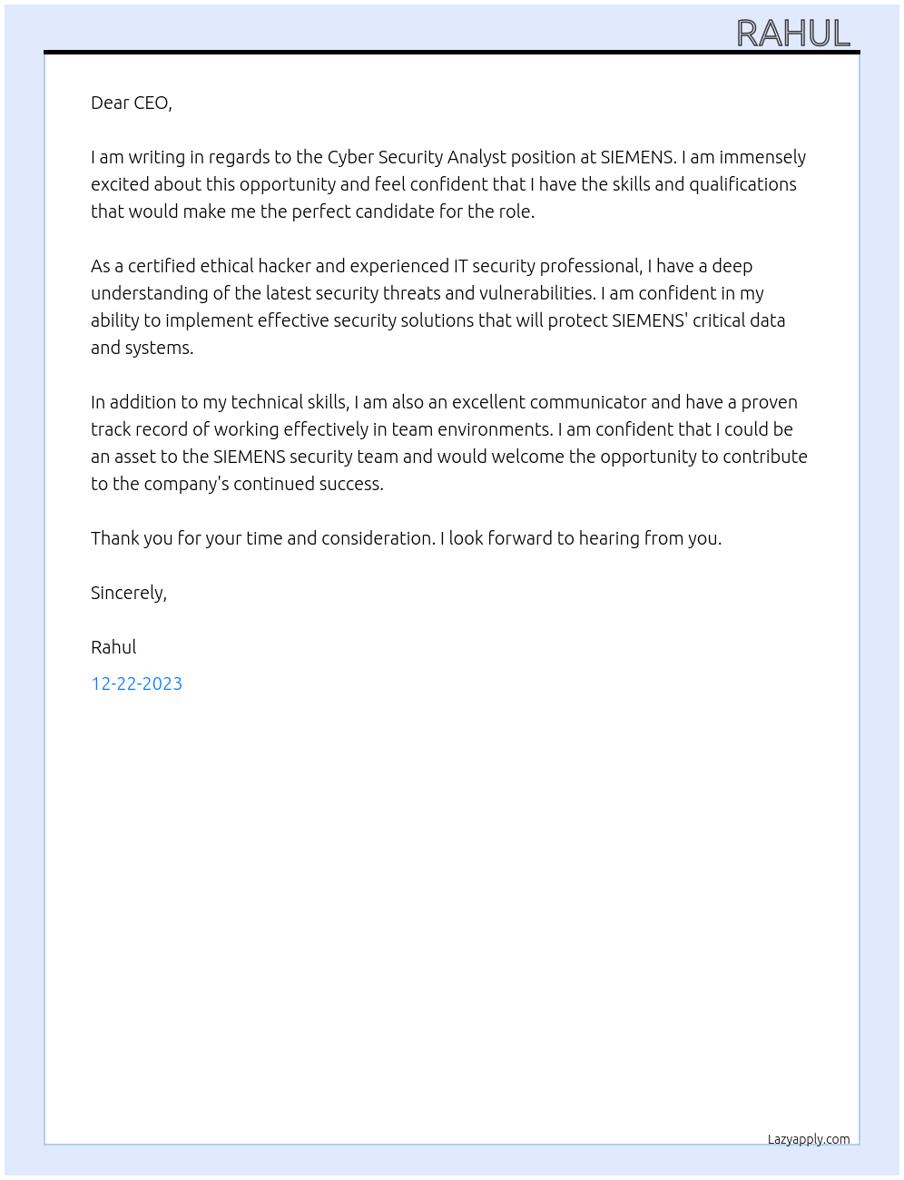 Cyber Security Analyst At SIEMENS Cover Letter