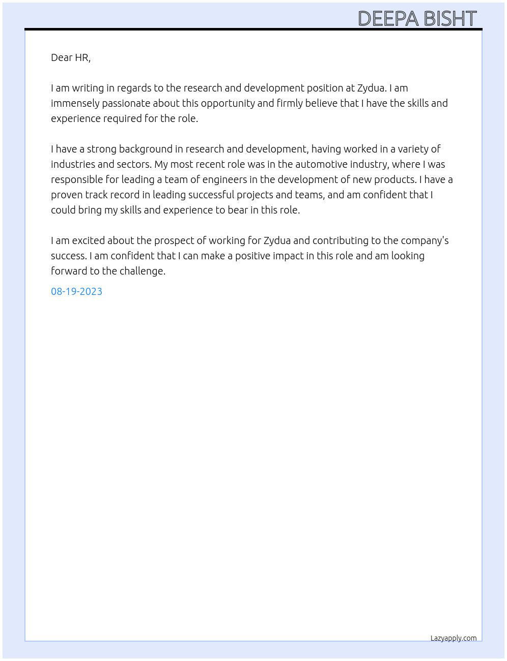 Research and development At Zydua Cover Letter