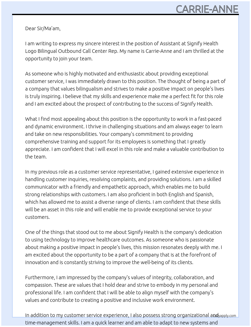 Assistant  At Signify Health Logo Bilingual Outbound Call Center Rep Cover Letter