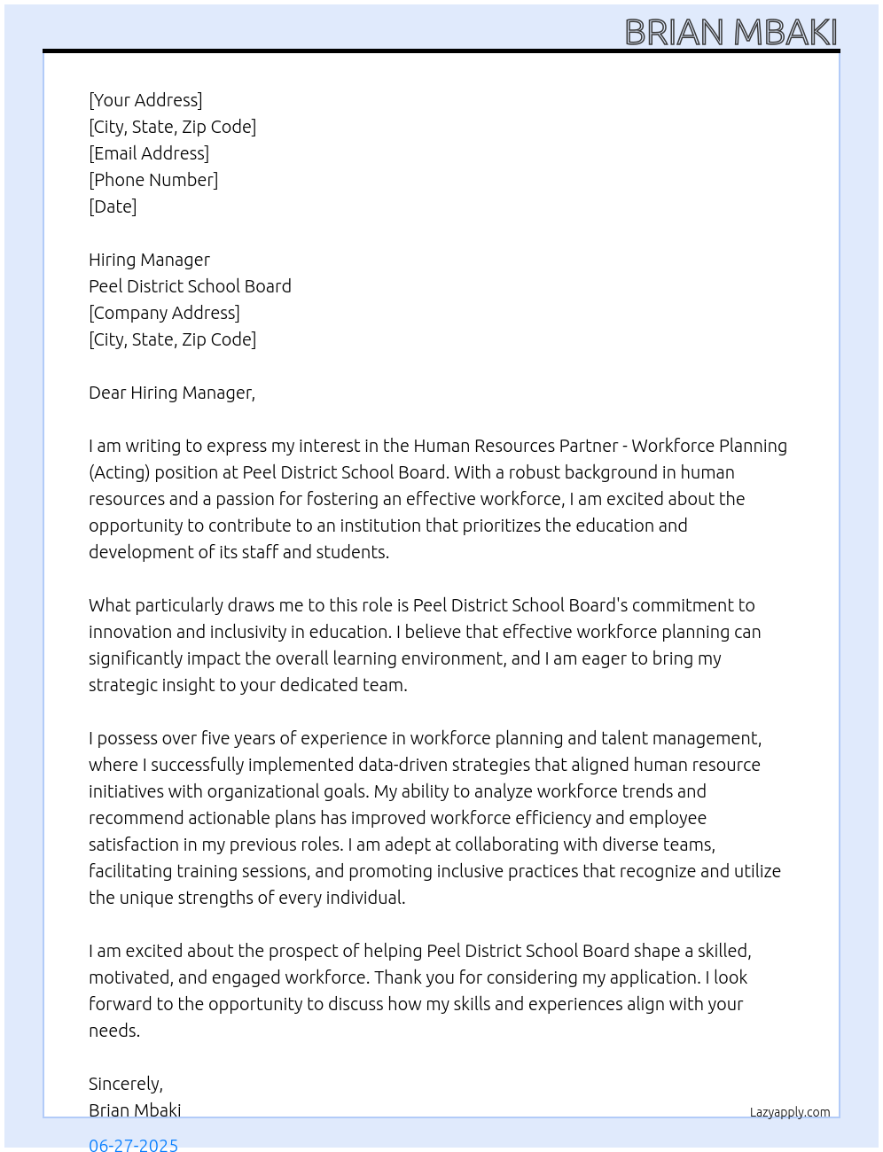 Human Resources Partner Workforce Planning - Acting At Peel District School Board Cover Letter
