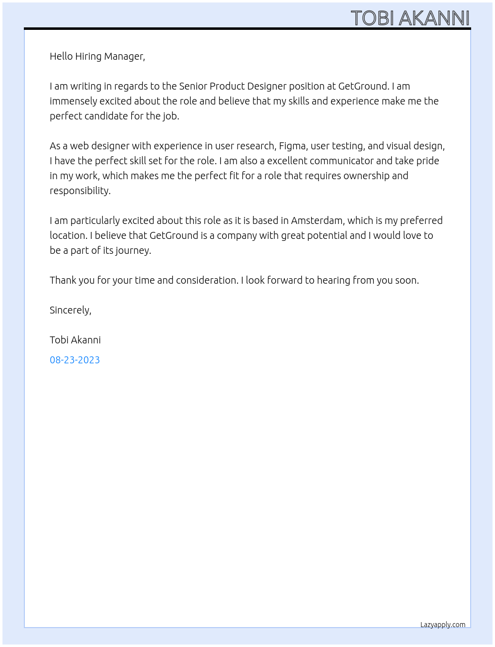 Senior Product Designer At GetGround Cover Letter