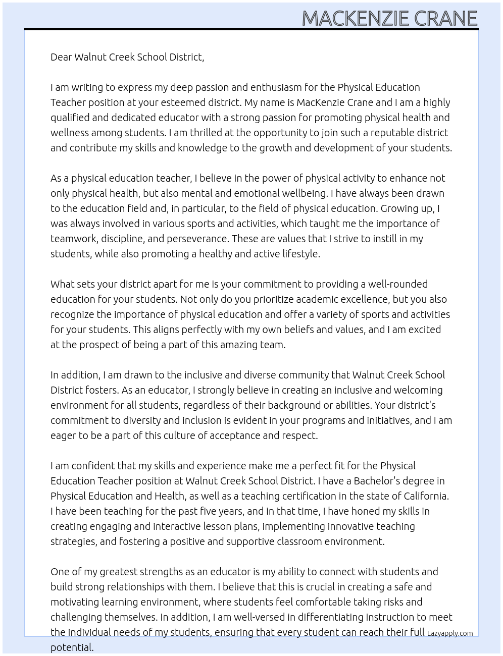 Physical Education Teacher At Walnut Creek School District Cover Letter