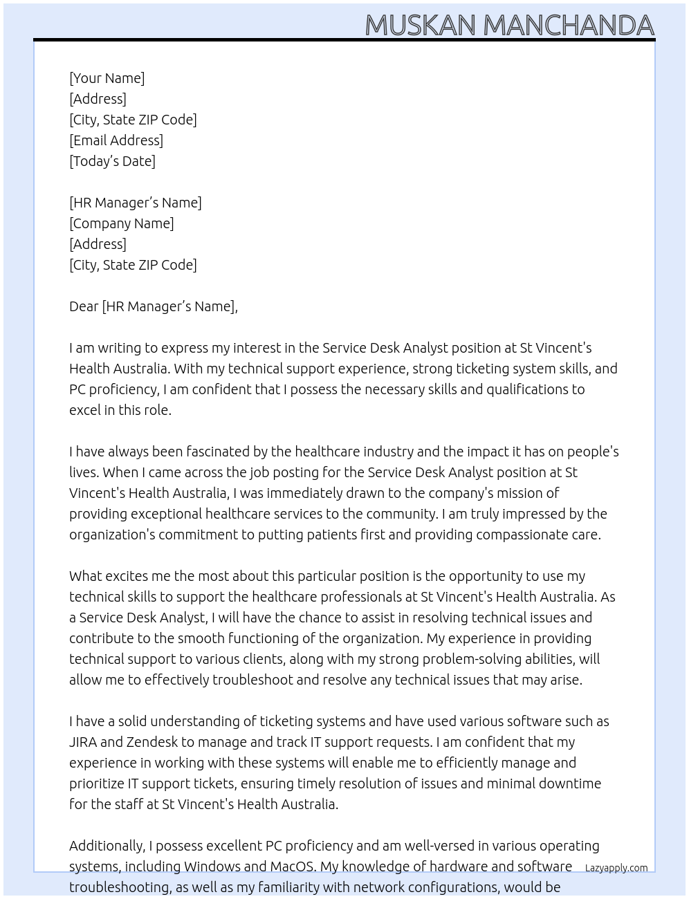 Service Desk Analyst At St Vincent's Health Australia Cover Letter