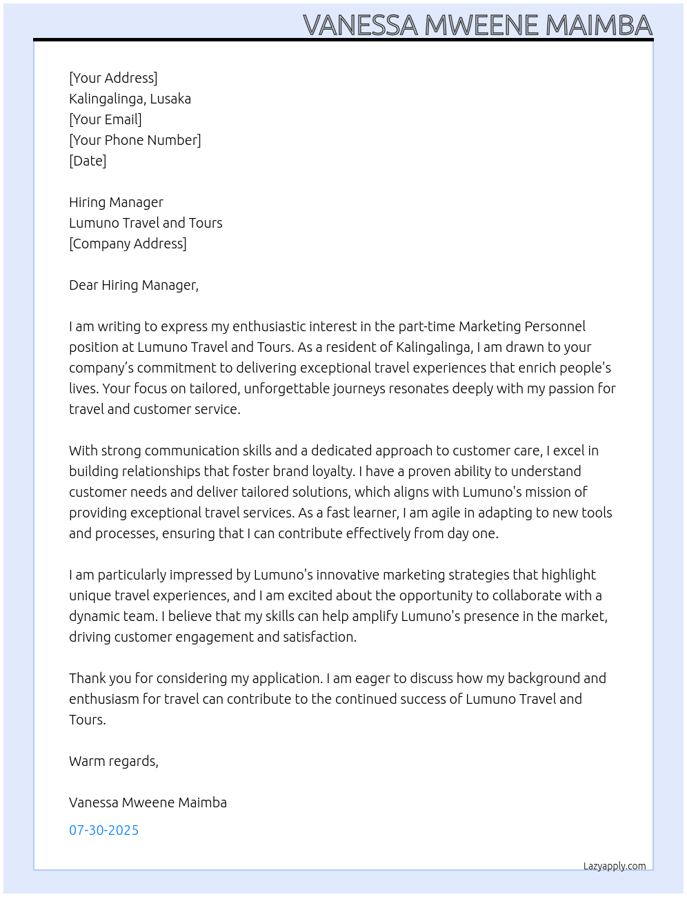 Marketing Personnel (part-time)  At Lumuno Travel and Tours Cover Letter