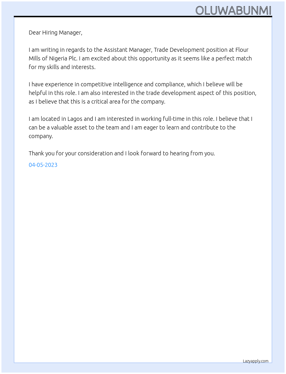 Assistant Manager, Trade Development At Flour Mills of Nigeria Plc Cover Letter