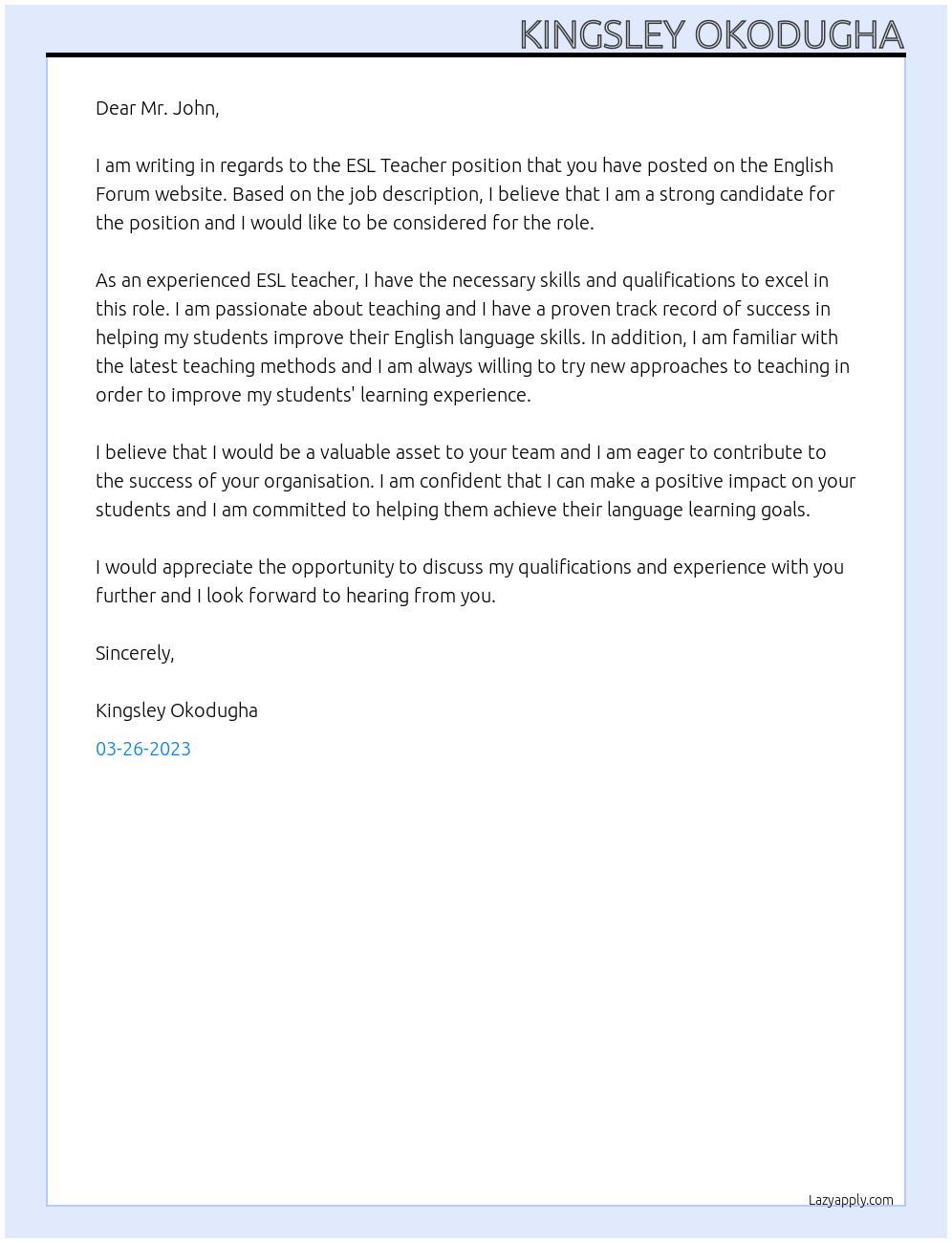 ESL Teacher At English Forum Cover Letter