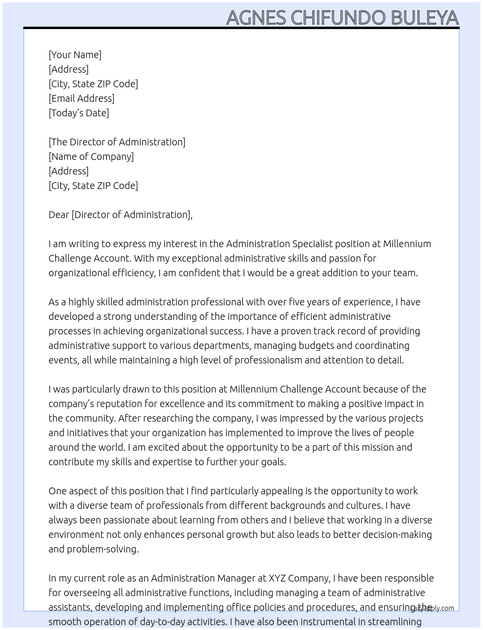 Administration Specialist At Millennium Challenge Account  Cover Letter