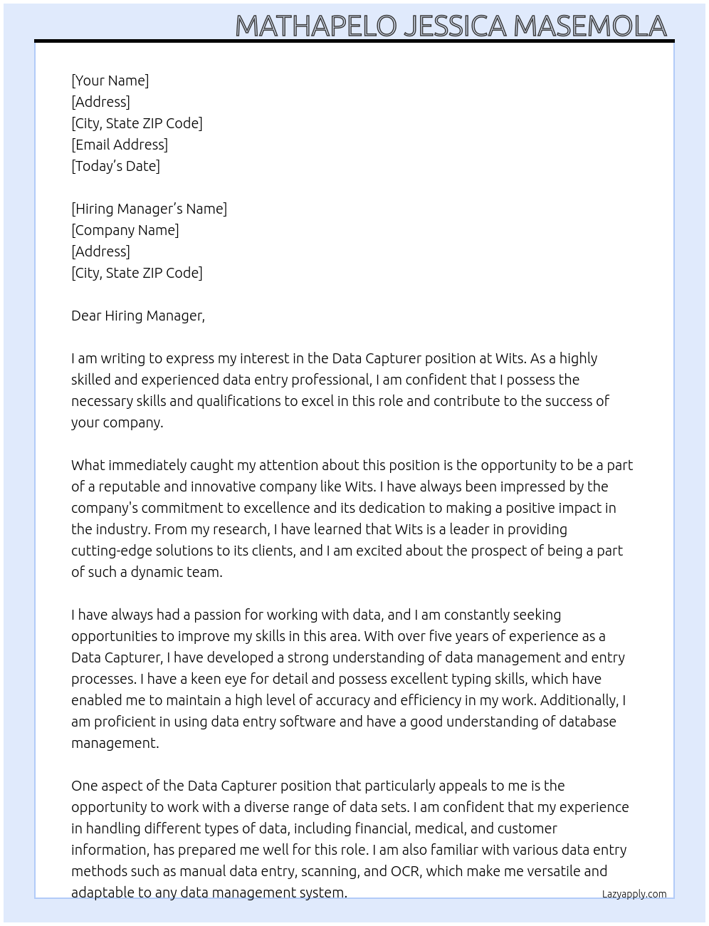 Data Capturer At Wits Cover Letter