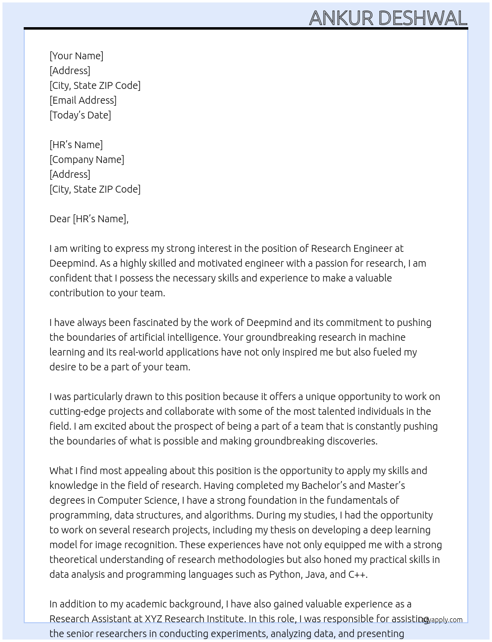Research Engineer At Deepmind Cover Letter