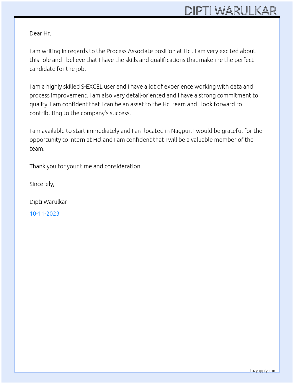 Process associate At Hcl Cover Letter