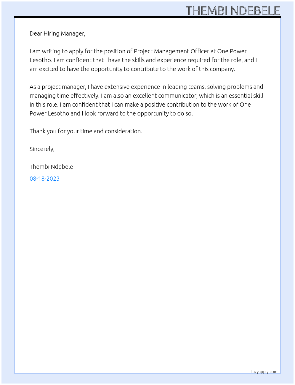 Project management officer At One Power Lesotho Cover Letter