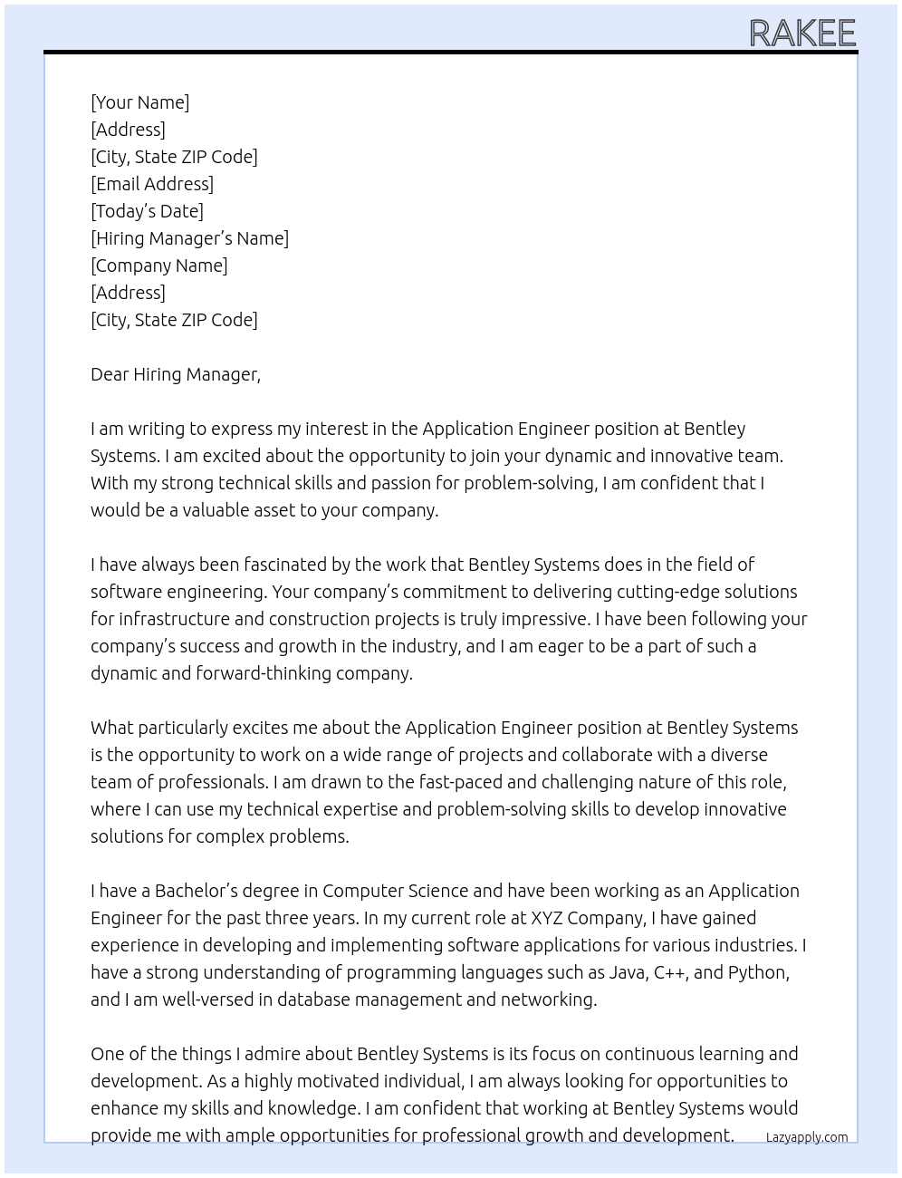 Application Engineer At Bentley Systems Cover Letter