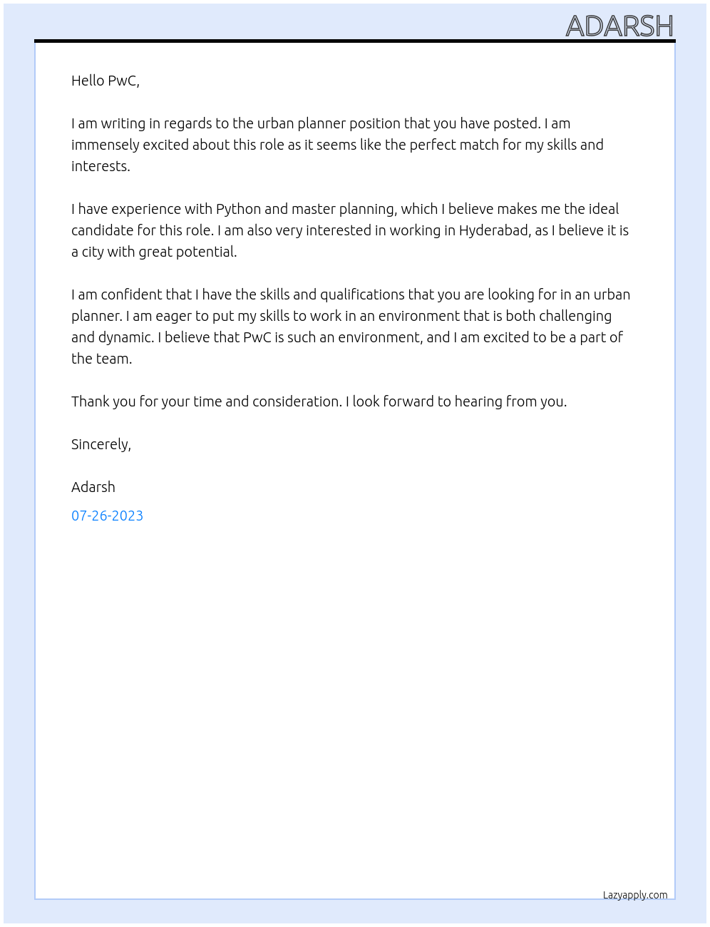 urban planner At pwc Cover Letter