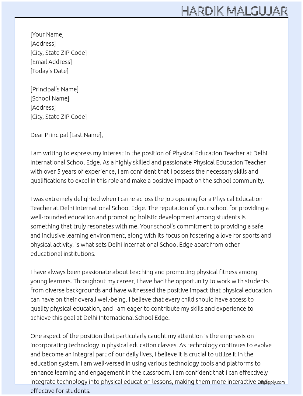 physical Education teacher At Delhi International school Edge Cover Letter