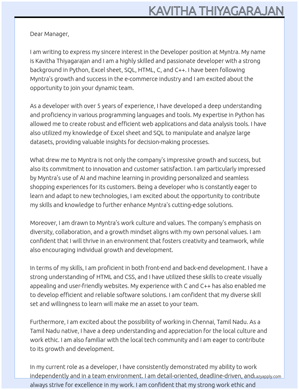 Developer At Myntra Cover Letter