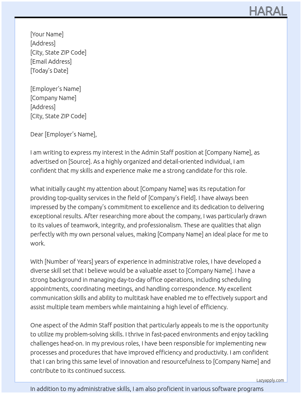 Admin Staff At Lyceum Cover Letter