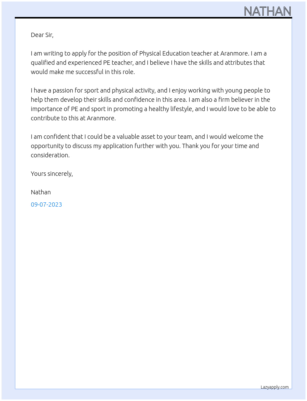 Physical education teacher At Aranmore Cover Letter