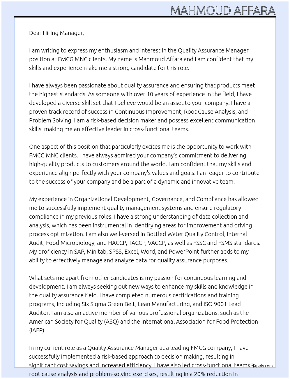 Quality Assurance Manager At FMCG MNC clients Cover Letter
