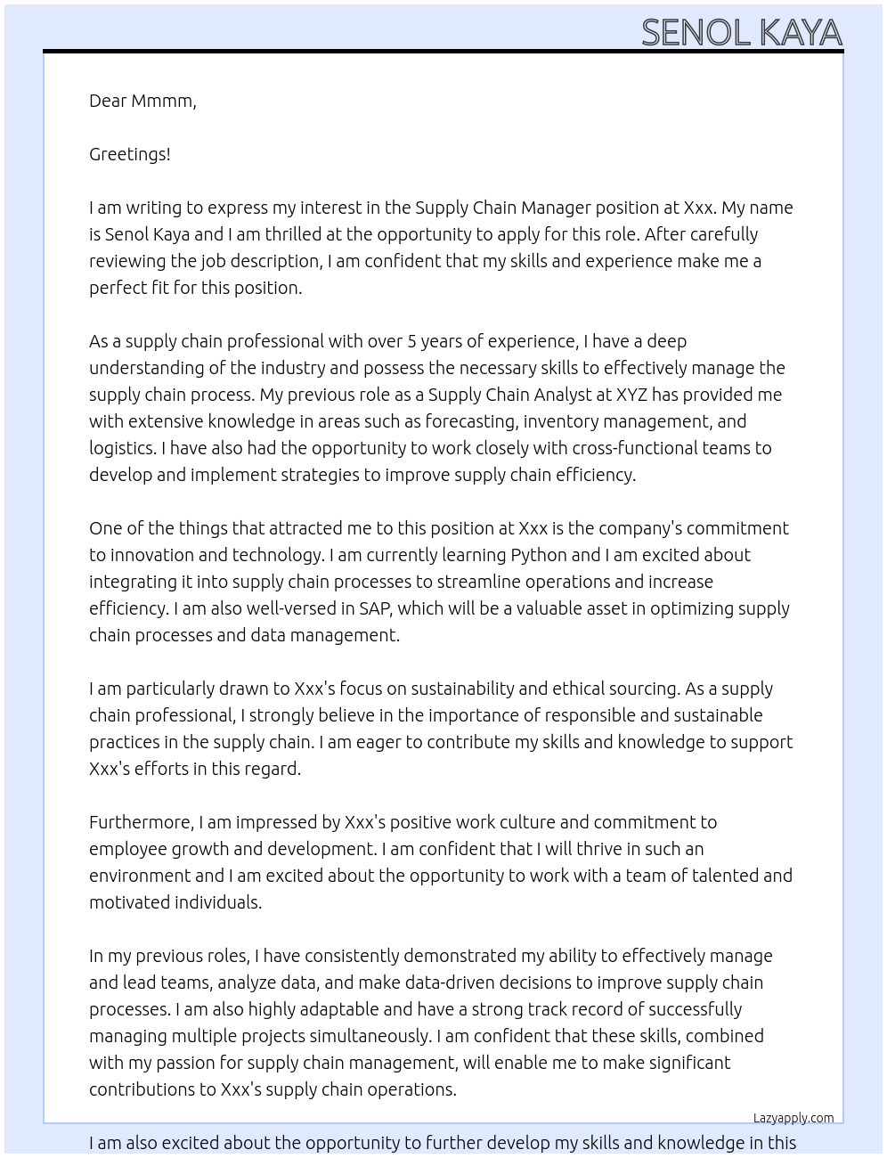 Supply chain manager  At Xxx Cover Letter