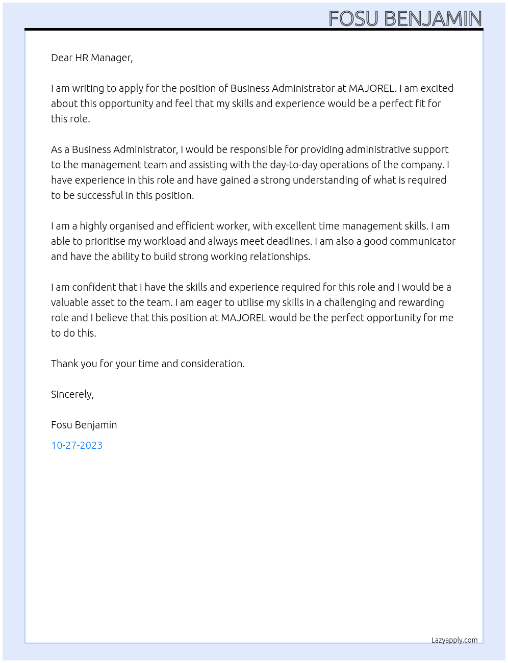 business administrator At MAJOREL Cover Letter