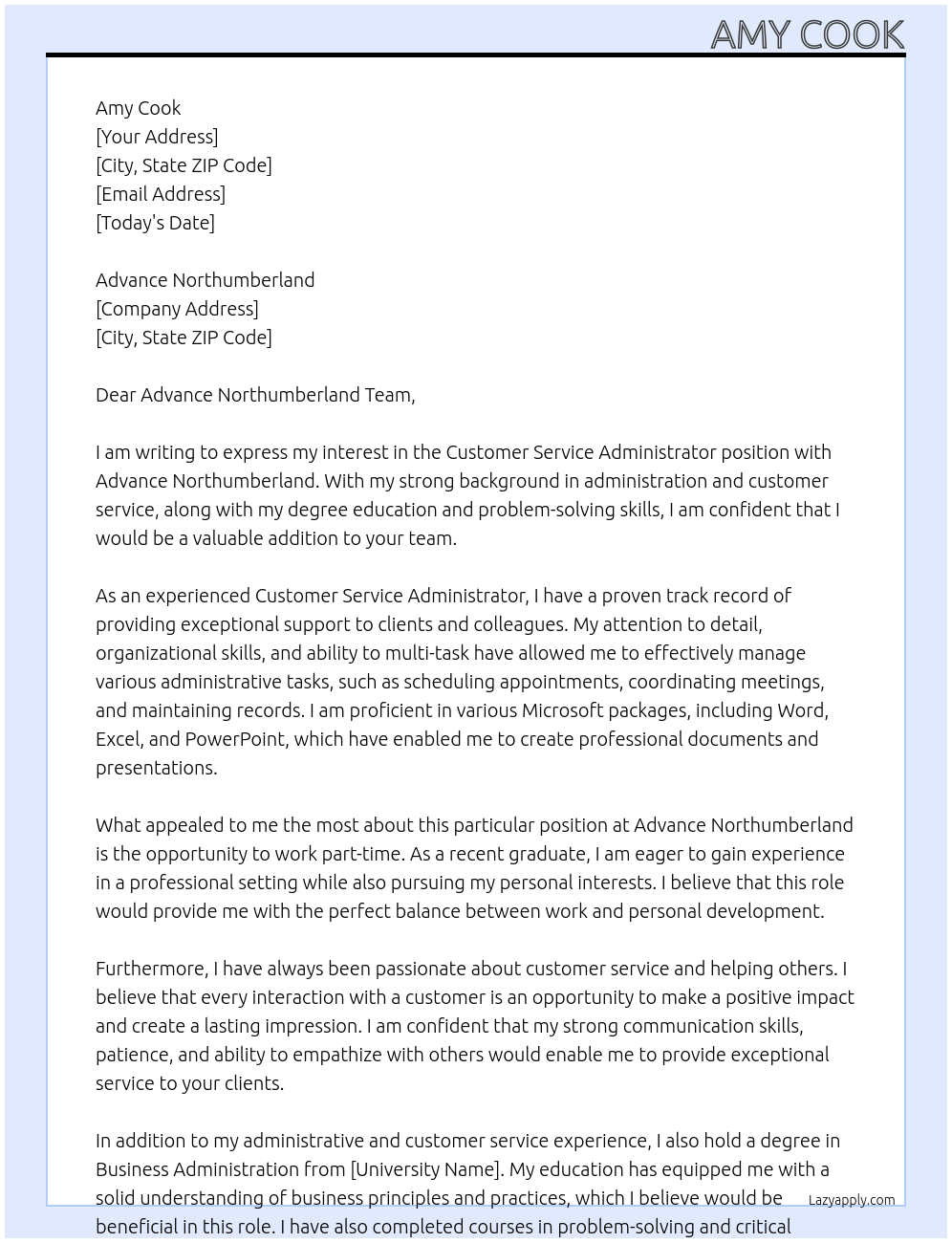 Customer Service Administrator  At Advance Northumberland  Cover Letter