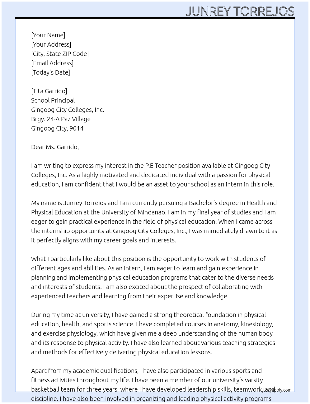 P.E Teacher At Gingoog City Colleges, Inc. Cover Letter