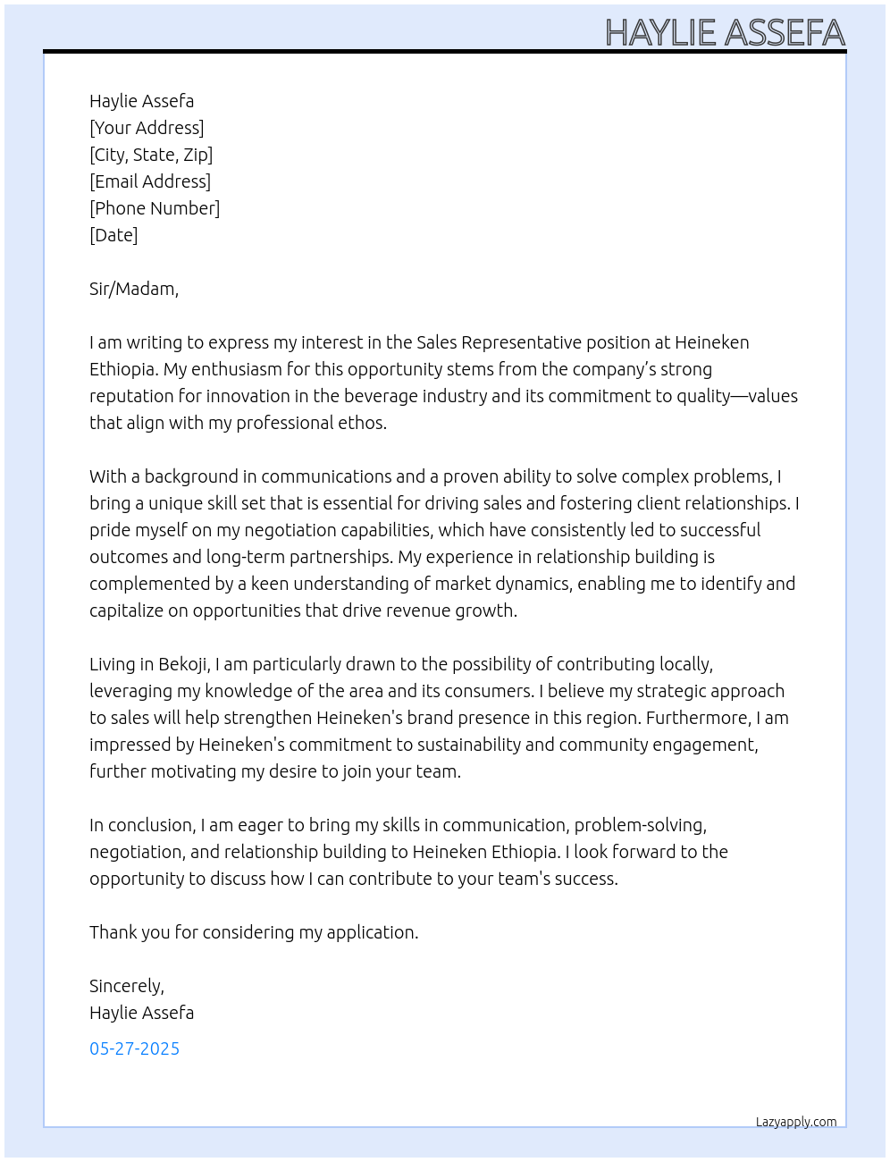 Sales Representative At Heineken Ethiopia Cover Letter