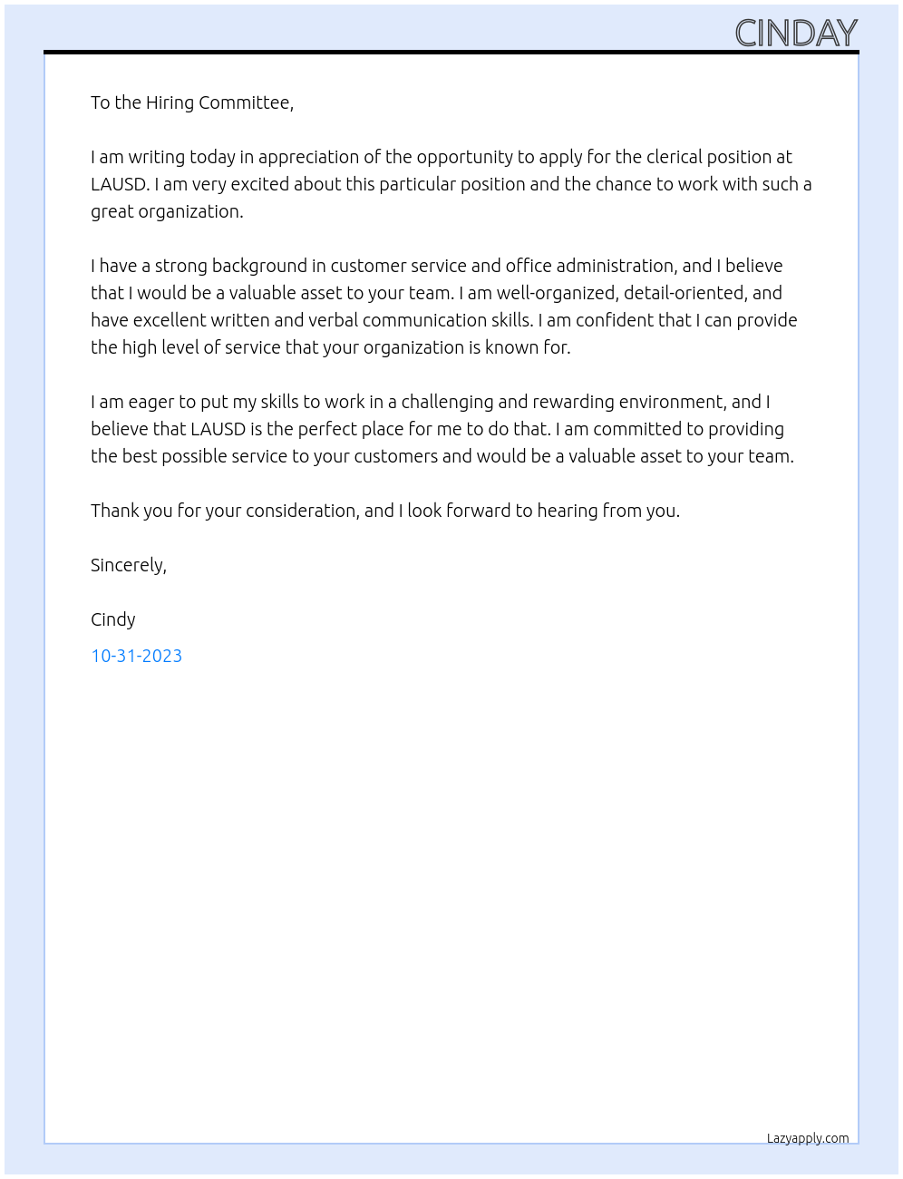 Clerical At LAUSD Cover Letter