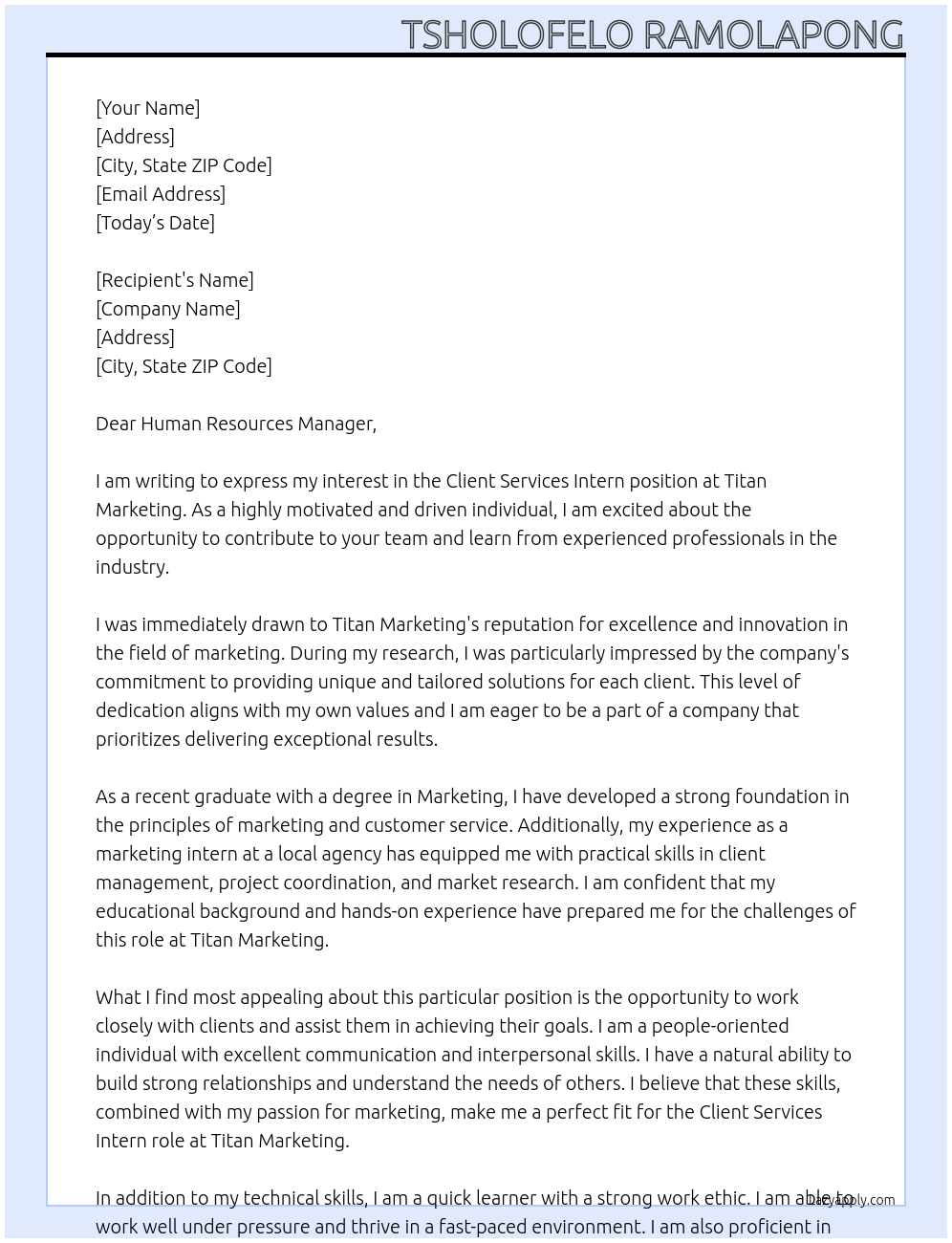 Client Services intern At Titan Marketing Cover Letter