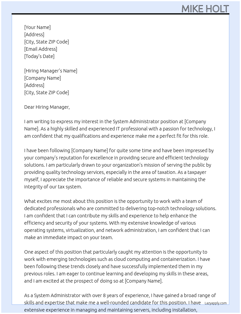 System Administrator At IRS Cover Letter