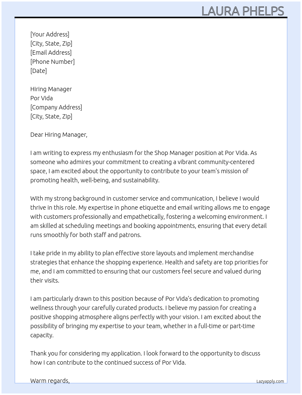 Shop manager At Por Vida Cover Letter