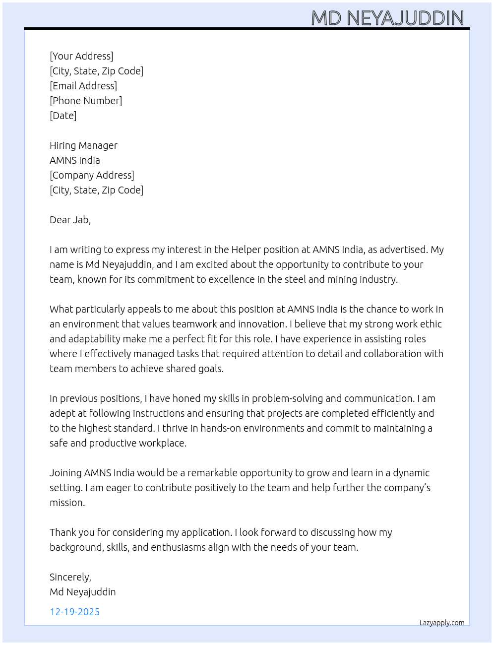 Helper At AMNS india  Cover Letter