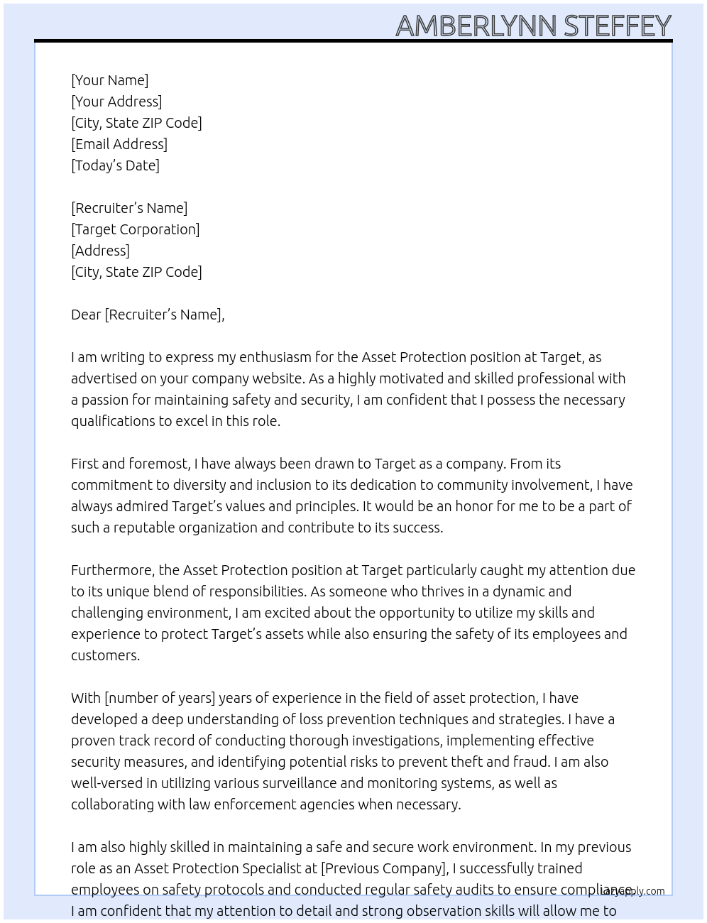 asset protection At Target Cover Letter