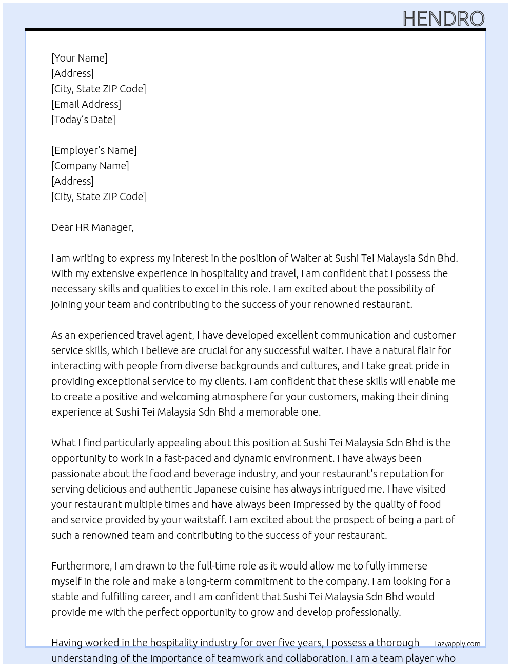 Waiters At Sushi Tei Malaysia Sdn Bhd Cover Letter