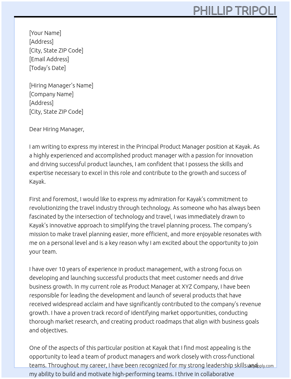 Principal Product Manager At Kayak Cover Letter