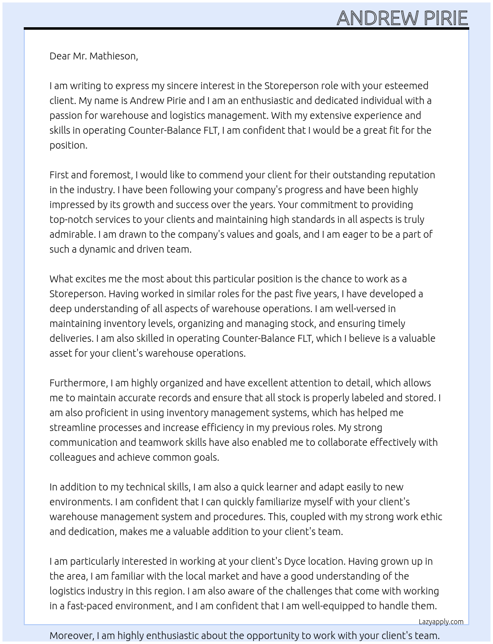 Stores Person At your client  Cover Letter