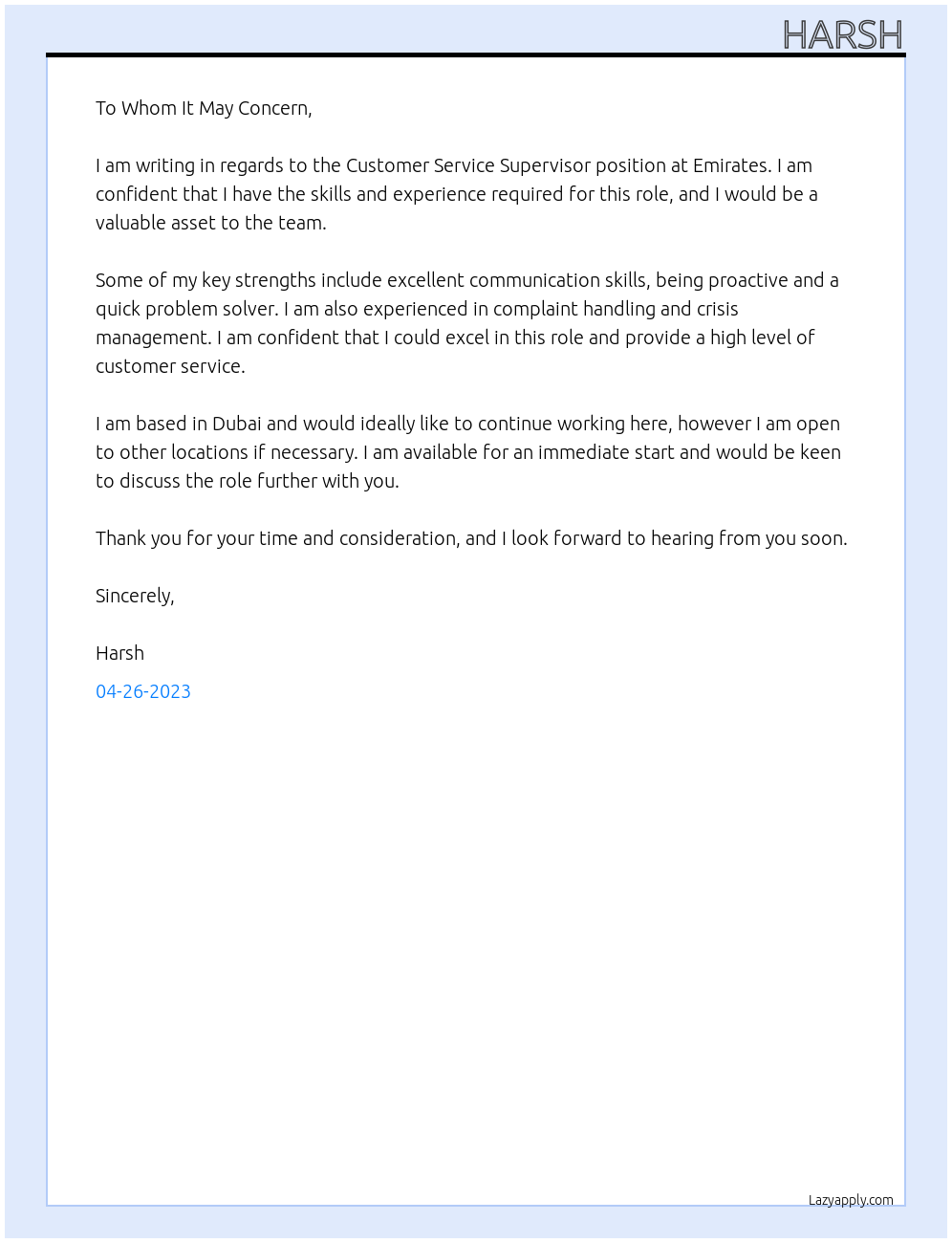 Customer service supervisor At Emirates Cover Letter