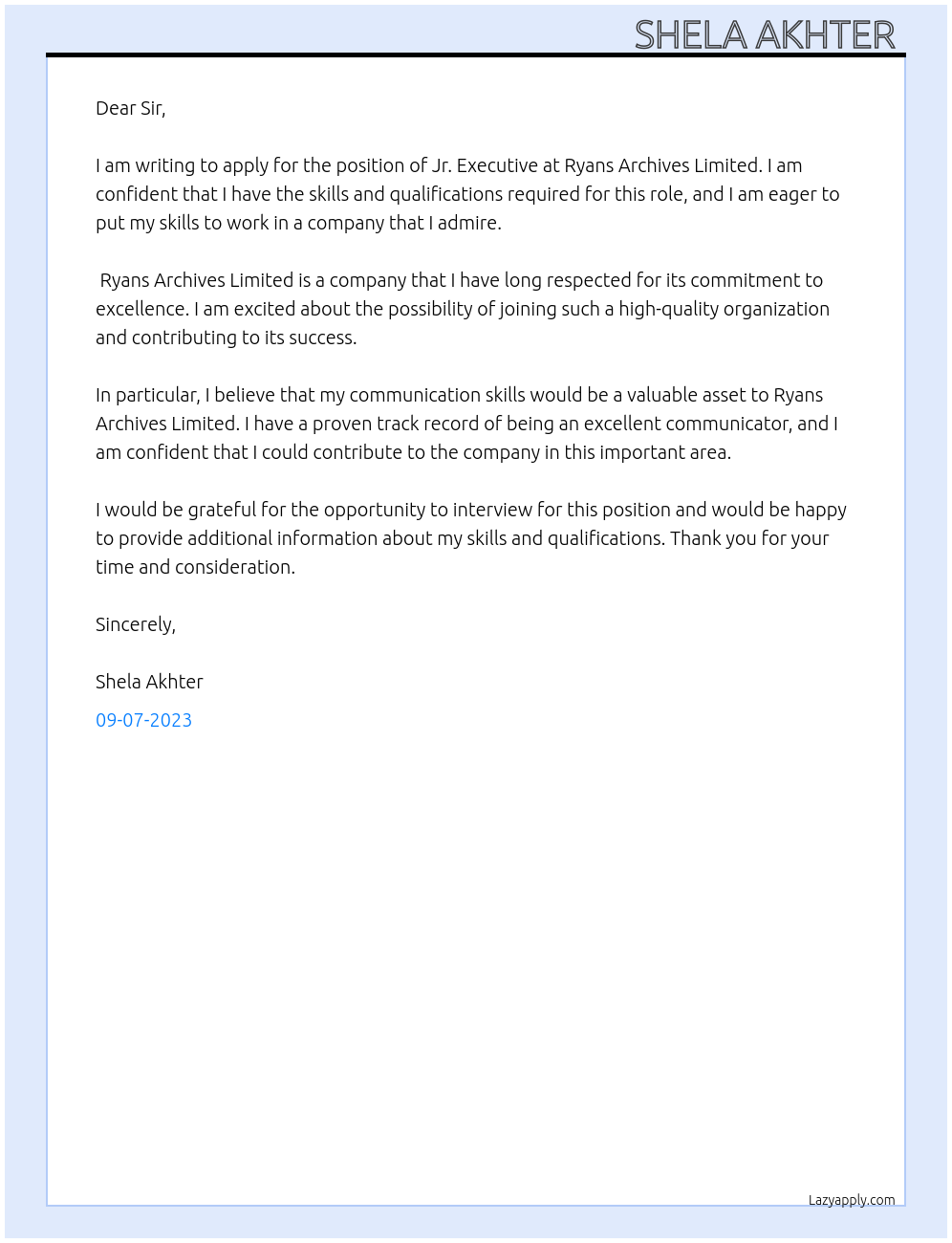 Jr. Executive At Ryans Archives Limited Cover Letter