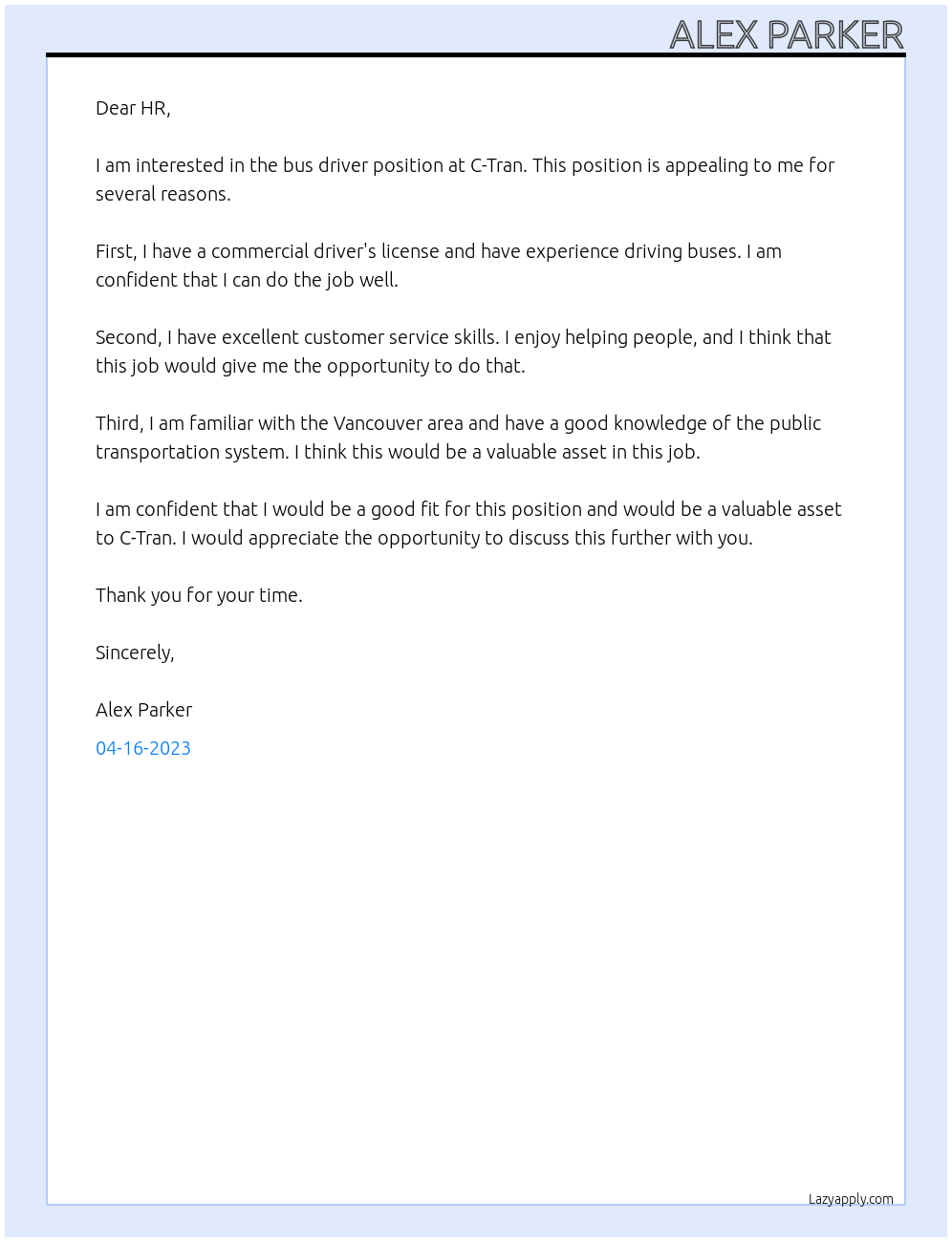 Bus Driver At C-Tran Cover Letter