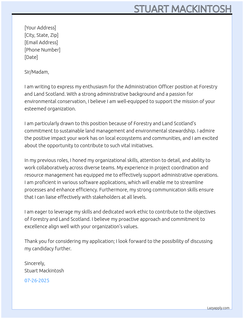 Administration Officer At Forestry and Land Scotland Cover Letter
