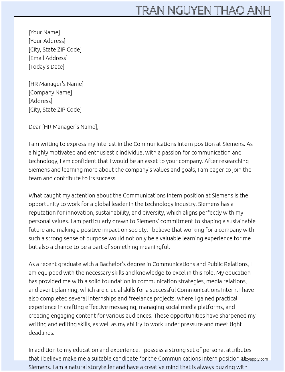 Communications Intern At Siemens Cover Letter