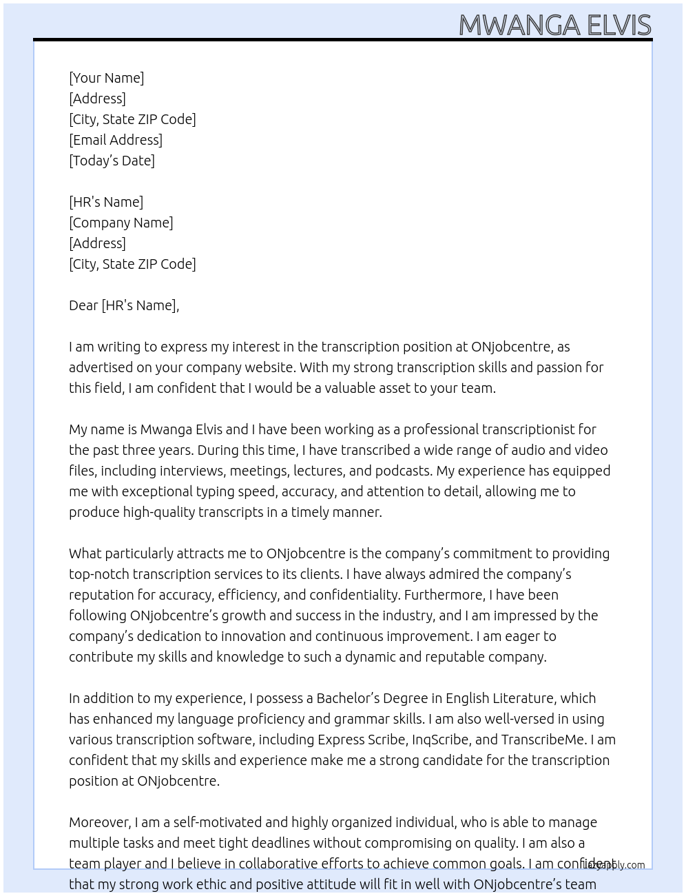 transcription At ONjobcentre Cover Letter