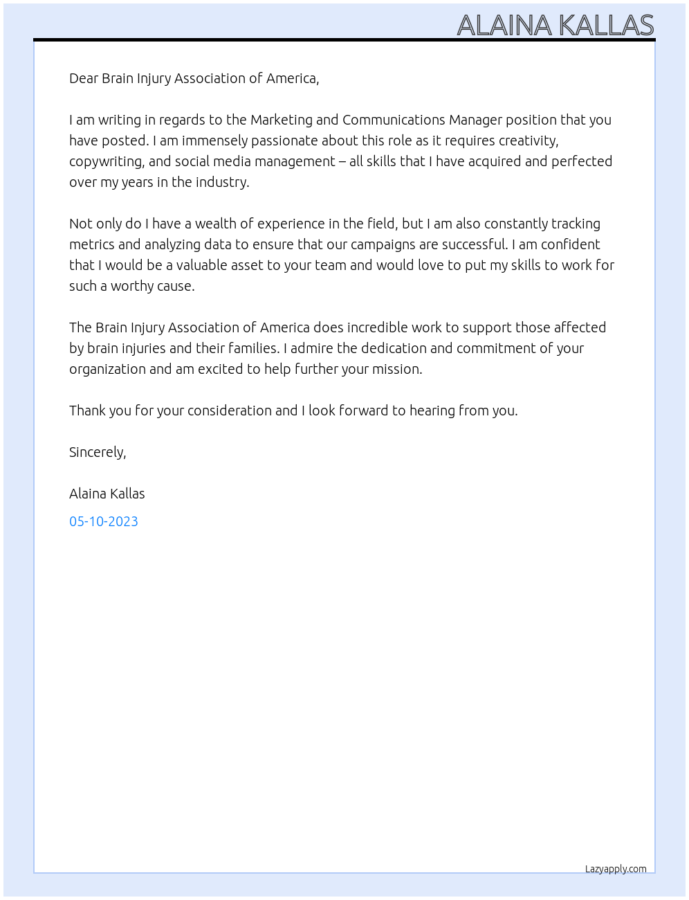 Marketing and Communications Manager At Brain Injury Association of America Cover Letter