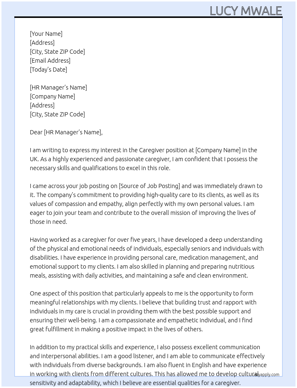 CAREGIVER At UK Cover Letter