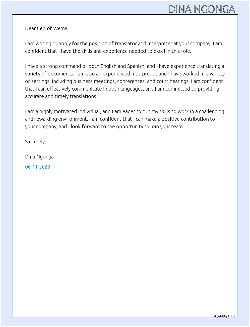 Translator and interpreter  At Wema Cover Letter