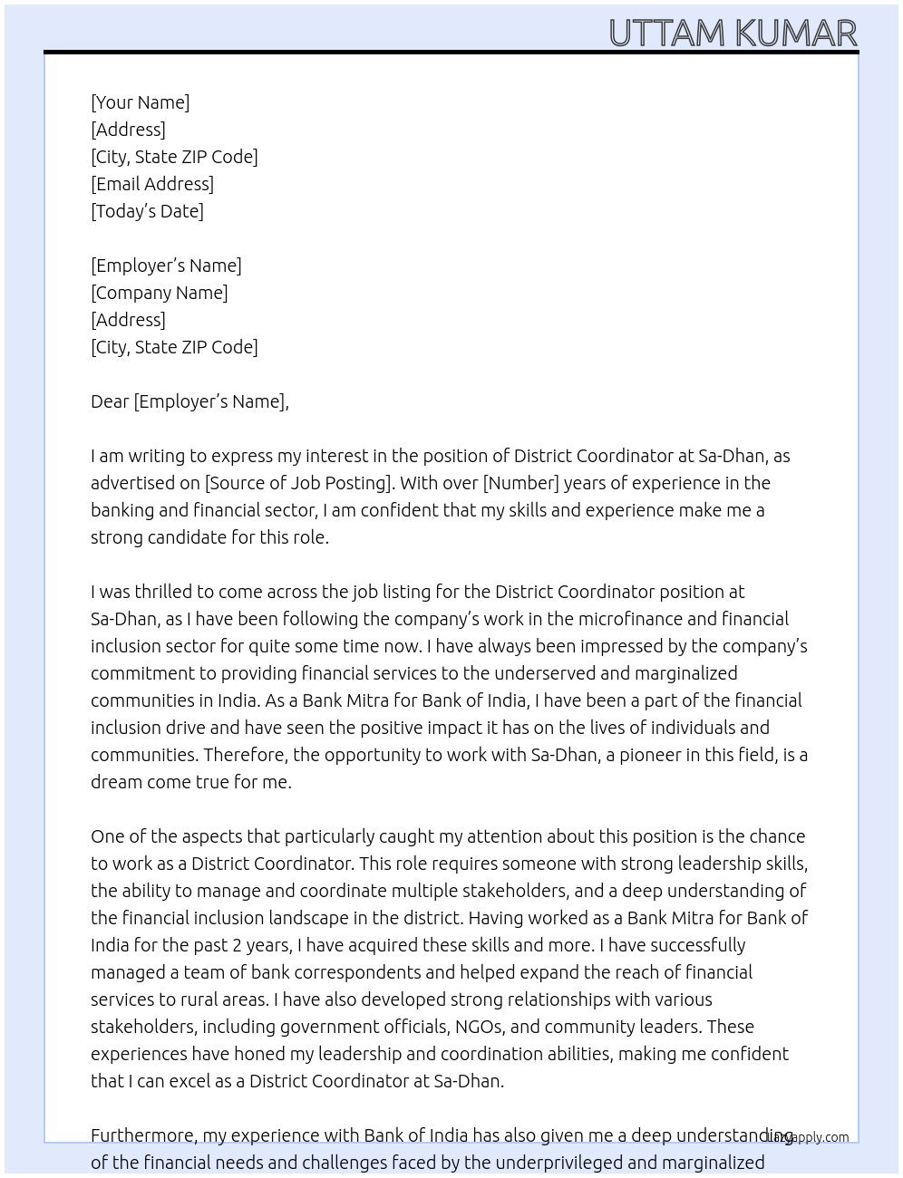 District Coordinator At Sa-Dhan Cover Letter